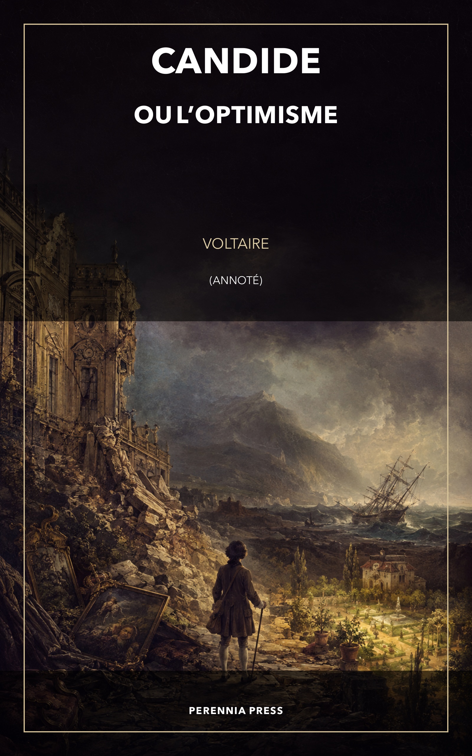 Cover of Candide: a young traveller stands between a cracked palace, a storm-tossed ship and a luminous garden.