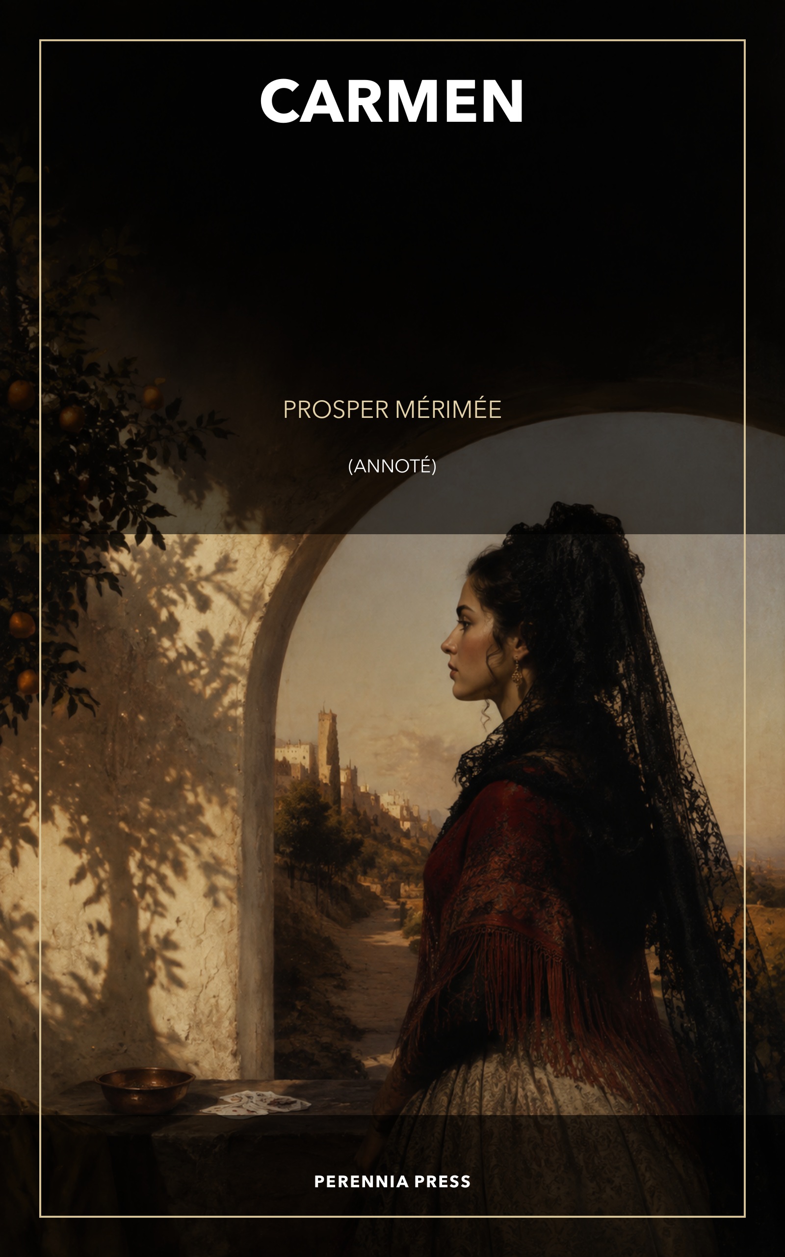 Cover of Carmen: an Andalusian woman in profile stands beneath a Seville arch with cards and distant mountains.
