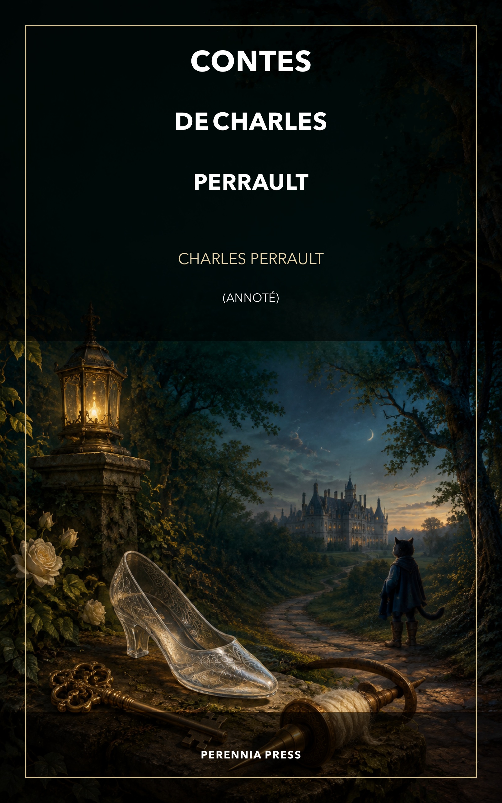 Cover of the Tales of Charles Perrault: a twilight forest contains a glass slipper, an old key, a spindle and Puss in Boots.