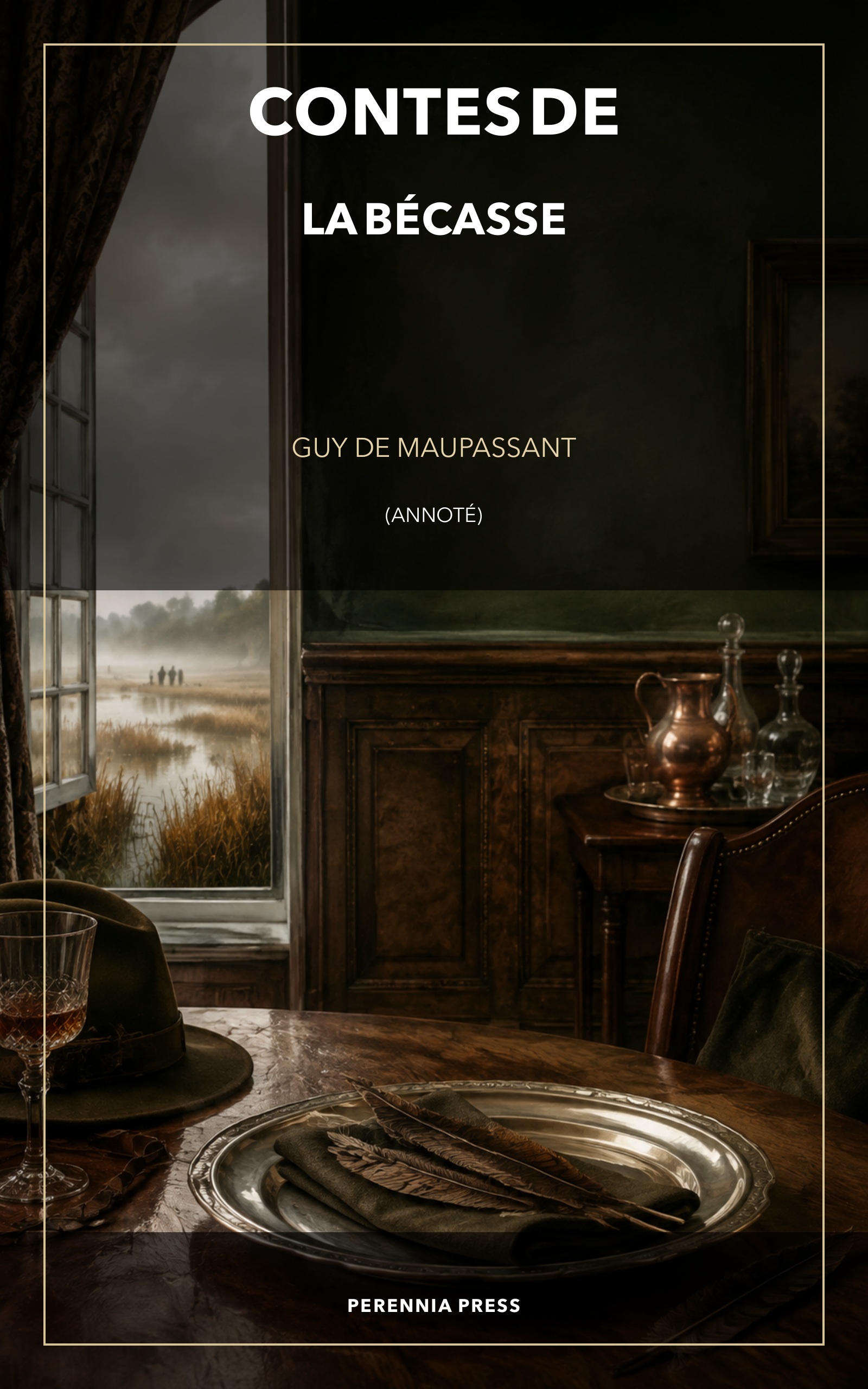 Cover of Contes de la Bécasse: a hunters’ table beside a window open onto Norman marshland in forest green, brown and copper.