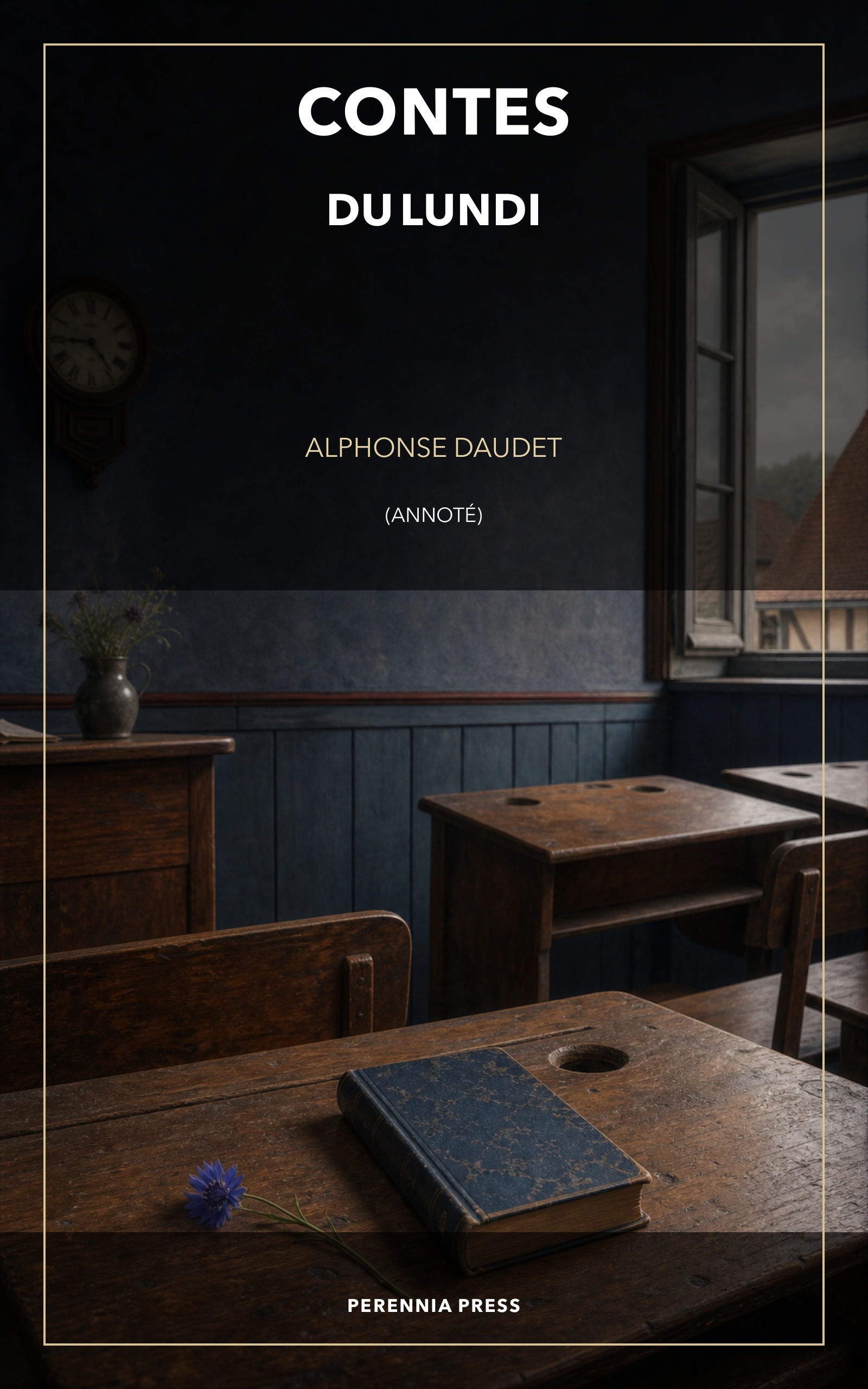 Cover of Contes du lundi: an empty classroom, a clock and a window open onto an Alsatian village in slate blue and dark red.