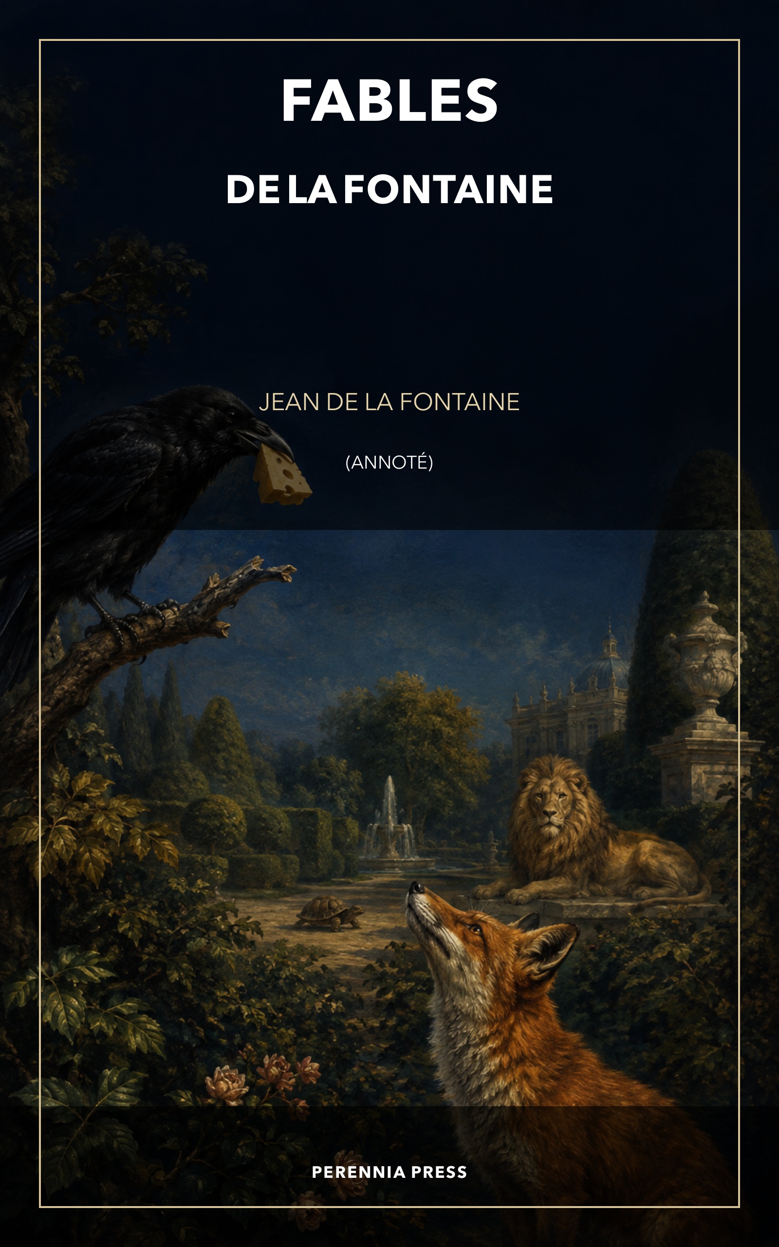 Cover of the Fables of La Fontaine: a fox, raven, lion and tortoise in a deep-blue and gold formal garden.