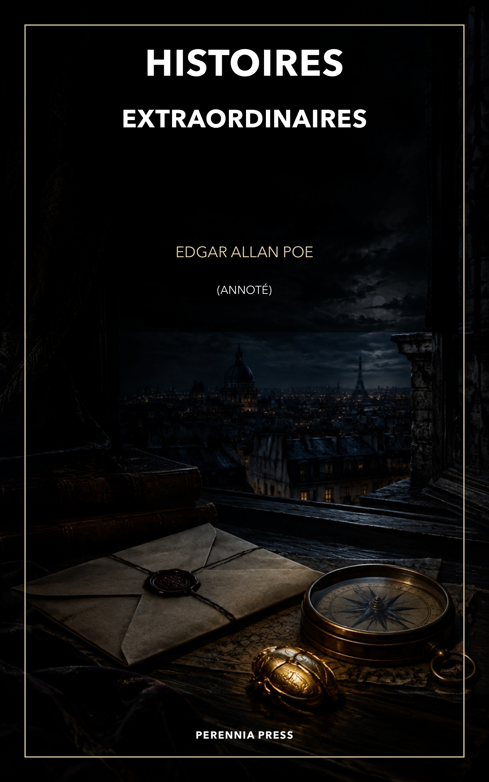 Cover of Histoires extraordinaires: a nocturnal window, a golden beetle and a sealed letter in petrol blue, black and copper.