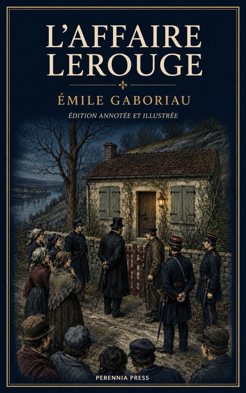 Cover of L’Affaire Lerouge: investigators and villagers gather outside a secluded house at night.
