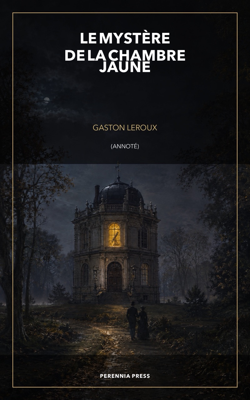 Cover of Le Mystère de la chambre jaune: a moonlit pavilion with one yellow window glowing in the dark.