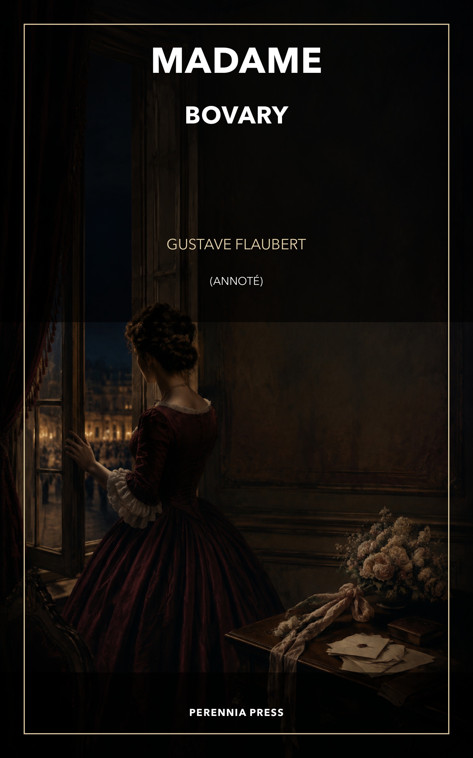 Cover of Madame Bovary: a nineteenth-century woman stands at a window beside faded flowers and letters, with distant ballroom lights.