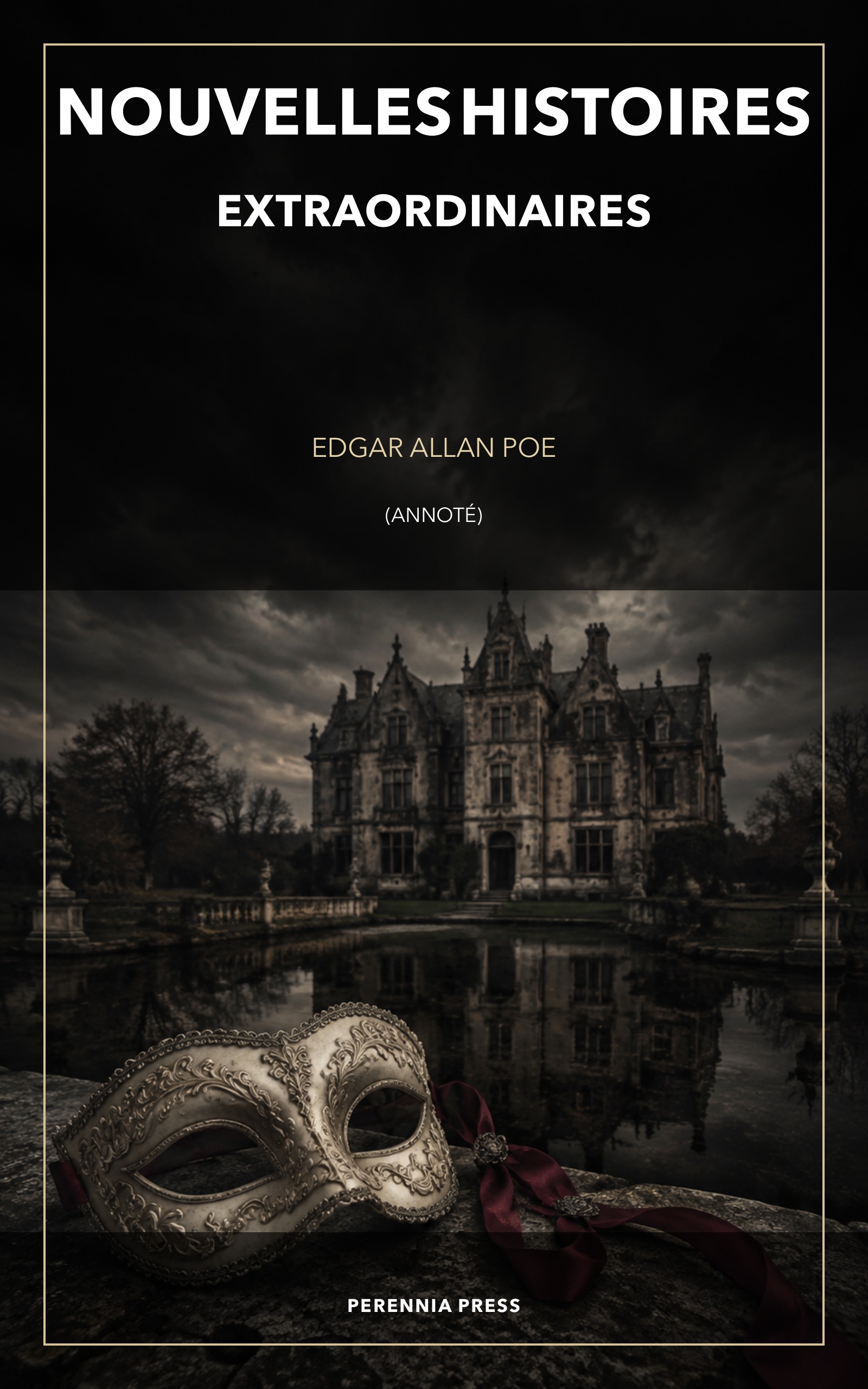 Cover of Nouvelles Histoires extraordinaires: a cracked house reflected in a dark pond beside a red mask, in black, carmine and ivory.